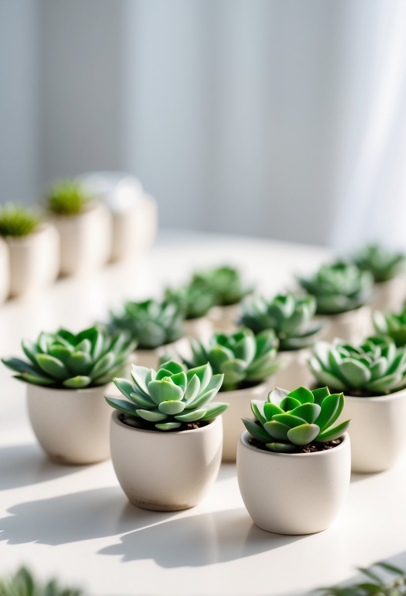 Small green succulent plants in simple white pots arranged on a clean table as wedding favors.
