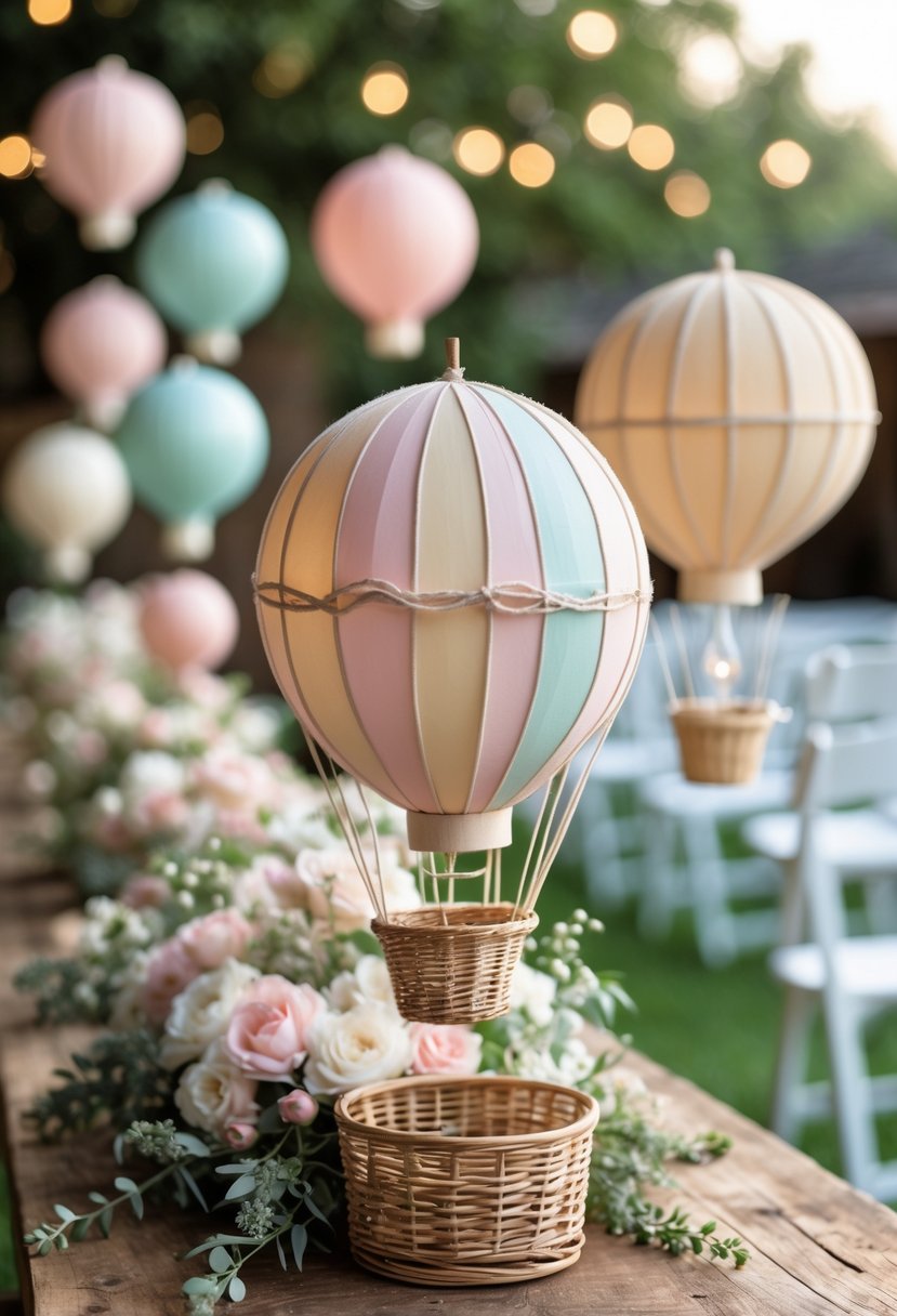 A table with miniature hot air balloon decorations and floral arrangements set up for a small wedding with chairs in the background.