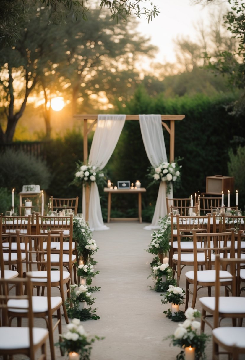 An intimate outdoor wedding setup with chairs, a floral arch, and decorated tables for a small group of guests.