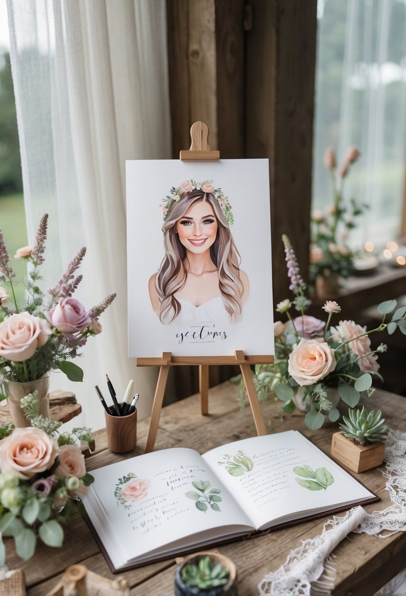 A wedding guestbook area featuring a watercolor portrait on an easel, surrounded by flowers and a guestbook with handwritten messages on a wooden table.