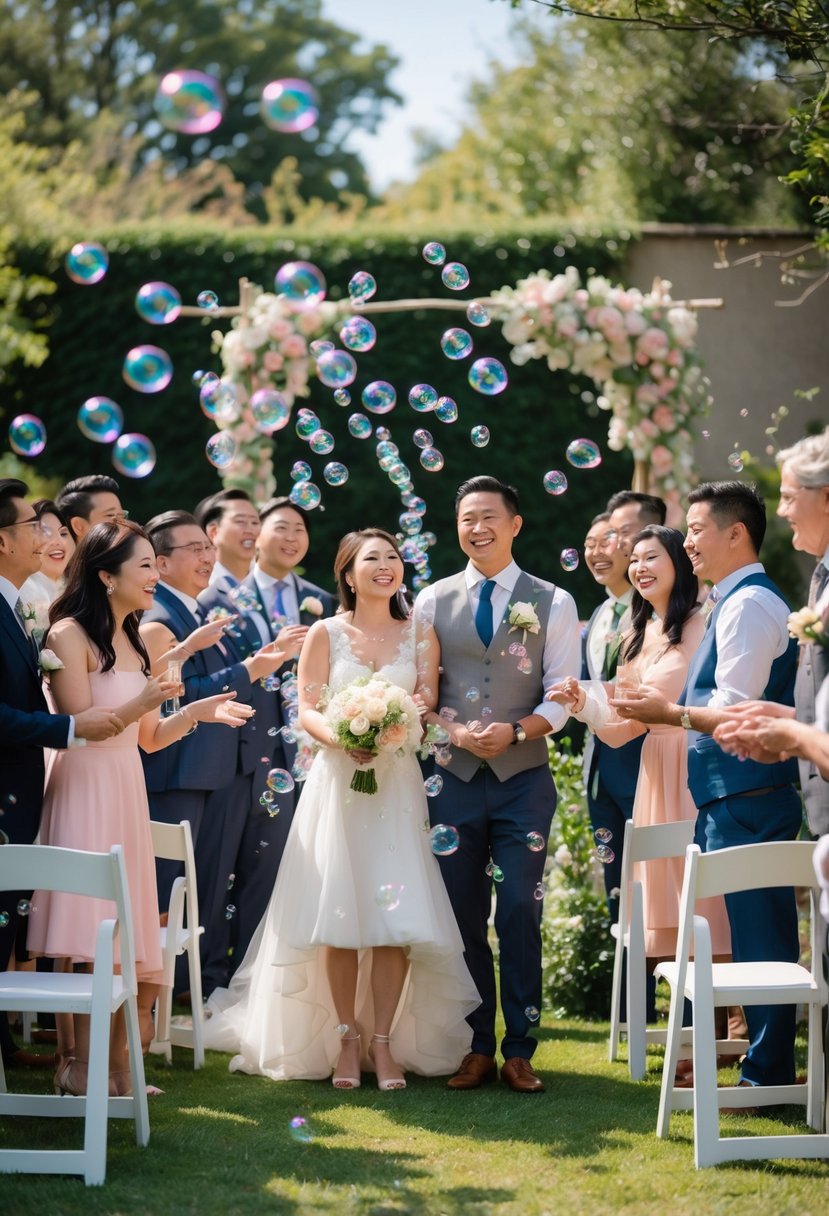 A small wedding with about 50 guests outdoors, where people are blowing soap bubbles around a smiling bride and groom.