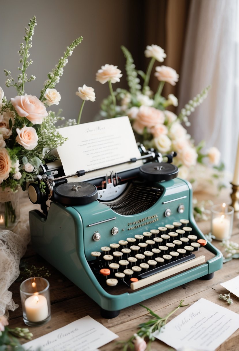 A vintage typewriter on a wooden table surrounded by wedding decorations and flowers.