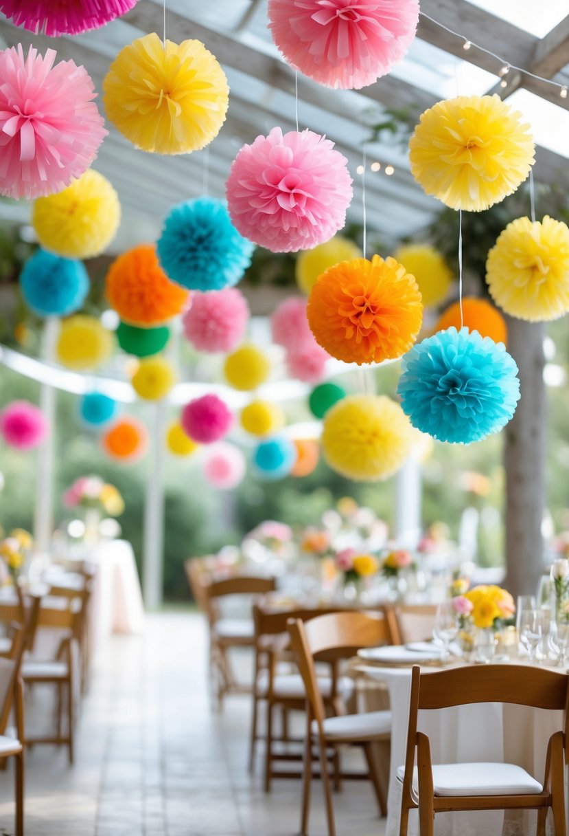 Colorful paper pom-poms hanging as decorations at a small wedding venue with tables and chairs arranged for guests.