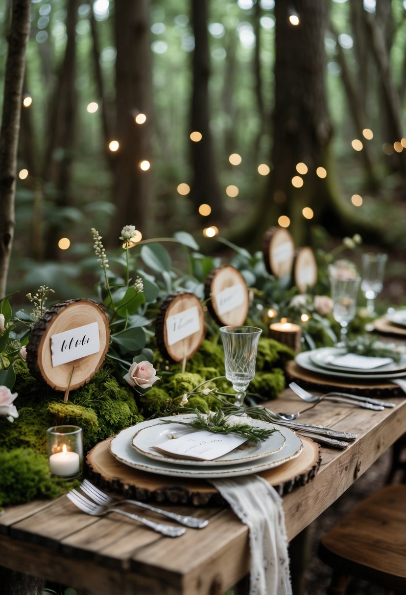 A rustic wooden table set in a forest with natural place cards, flowers, and greenery arranged for a small wedding celebration.
