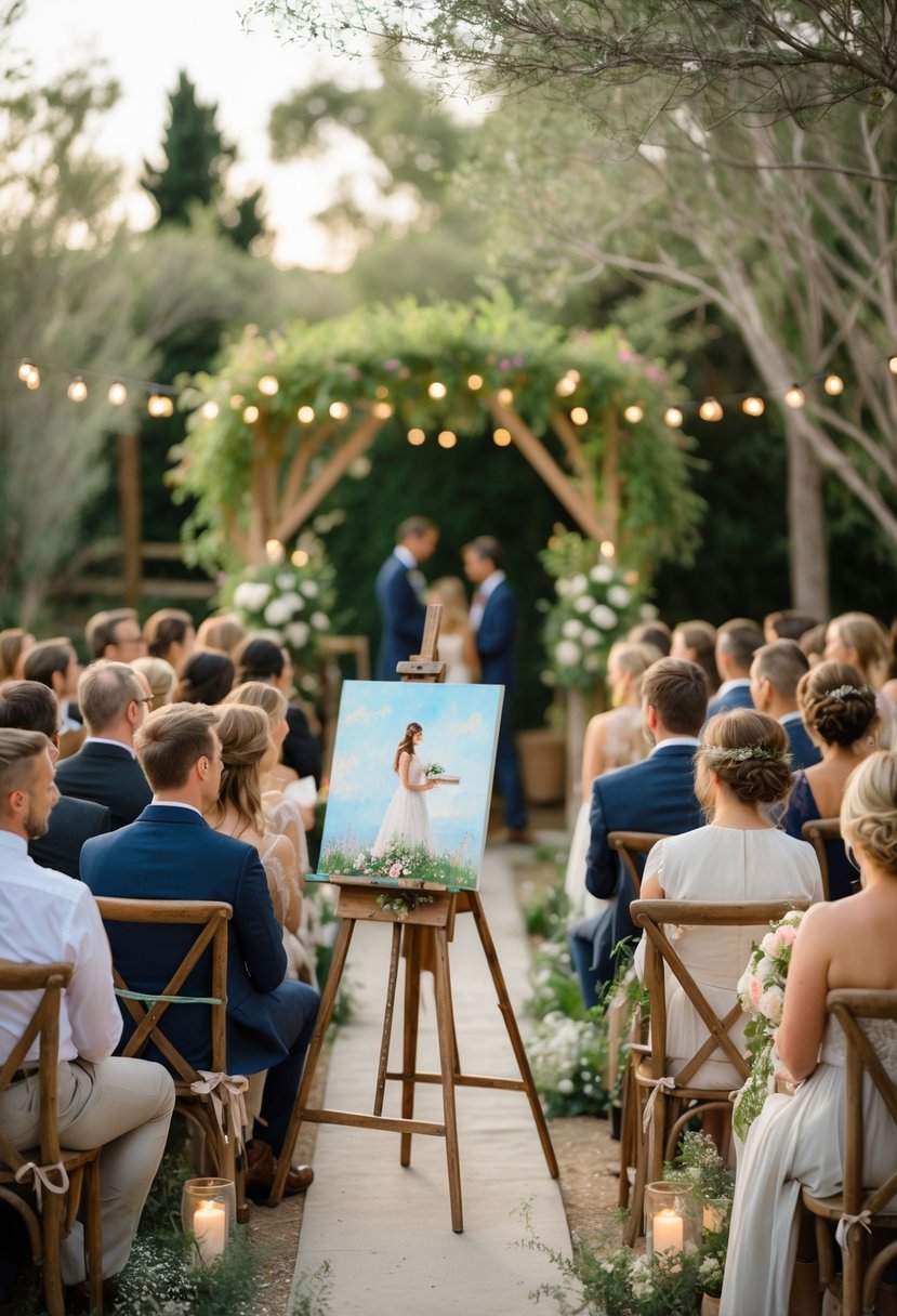 A live painter creating artwork at a small outdoor wedding ceremony with about 50 guests seated nearby.