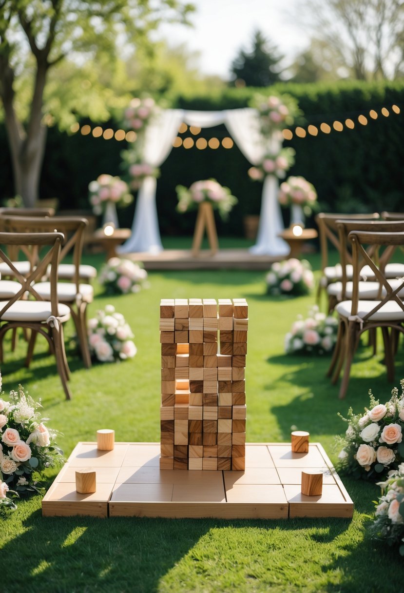 Outdoor wedding scene with giant Jenga and lawn games set up on grass, surrounded by seating and floral decorations.