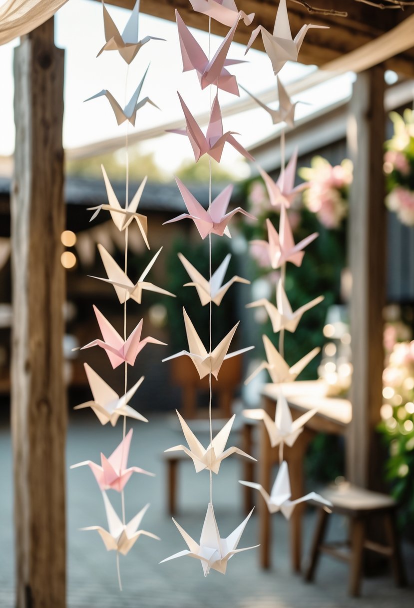 Origami crane garlands hanging as decorations at a small outdoor wedding venue with rustic wooden elements and floral arrangements.