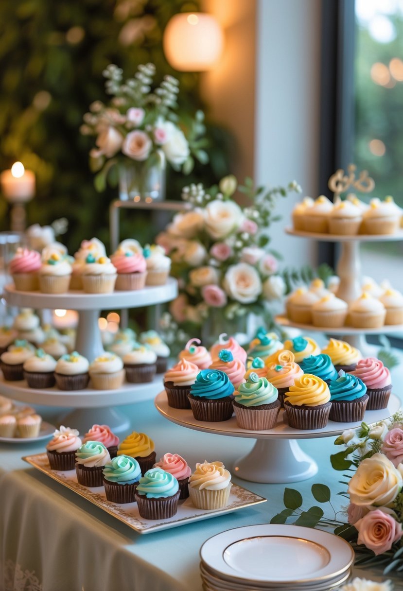 A dessert buffet table with whimsical cupcakes and floral decorations at a small wedding reception.