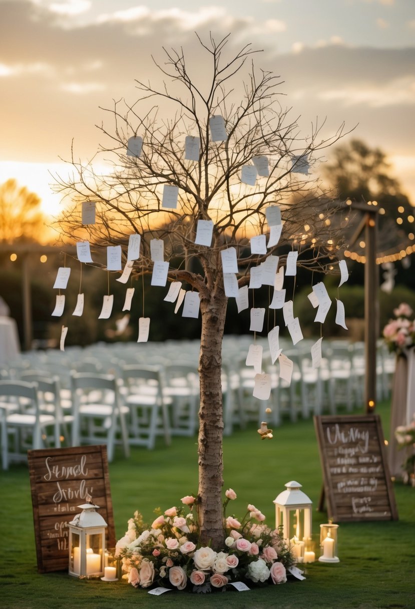A small outdoor wedding scene with a tree covered in hanging handwritten notes, surrounded by floral decorations and seating for guests.