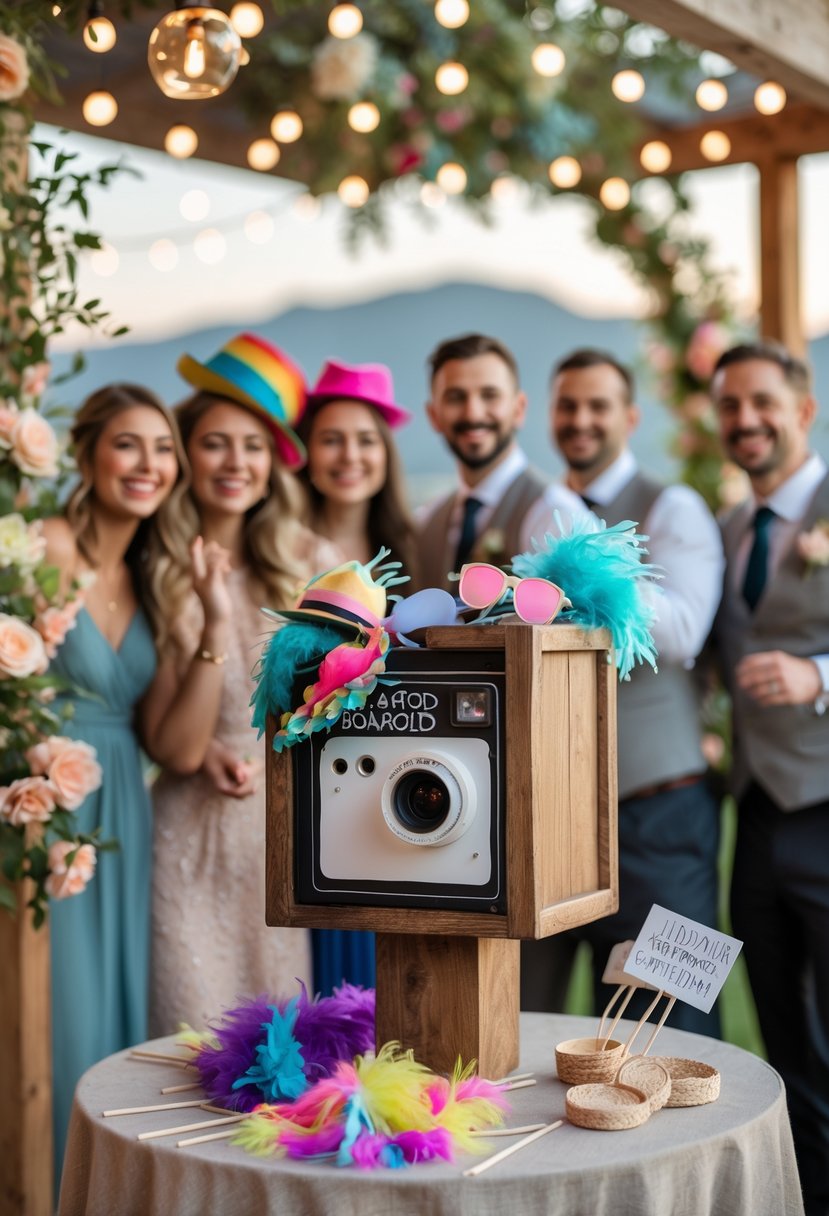 A polaroid photo booth with whimsical props at a small wedding, showing guests preparing to take photos in a decorated venue.