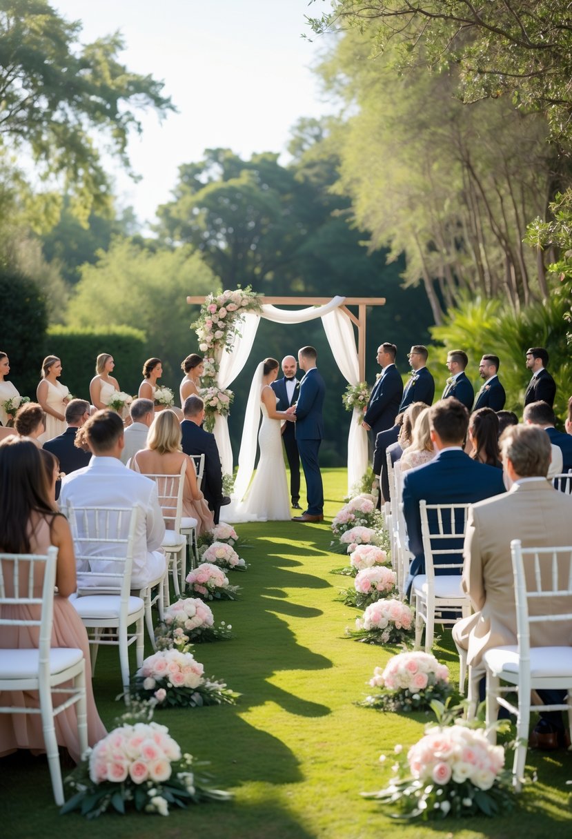 A small outdoor wedding ceremony with about 50 guests seated on white chairs facing a decorated wooden arch where a couple is exchanging vows.