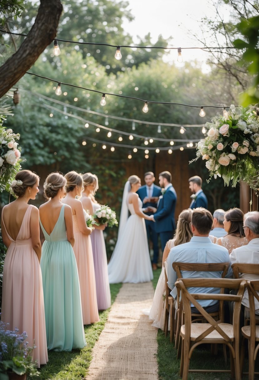 A small outdoor wedding with bridesmaids in pastel dresses and guests seated in a garden setting.