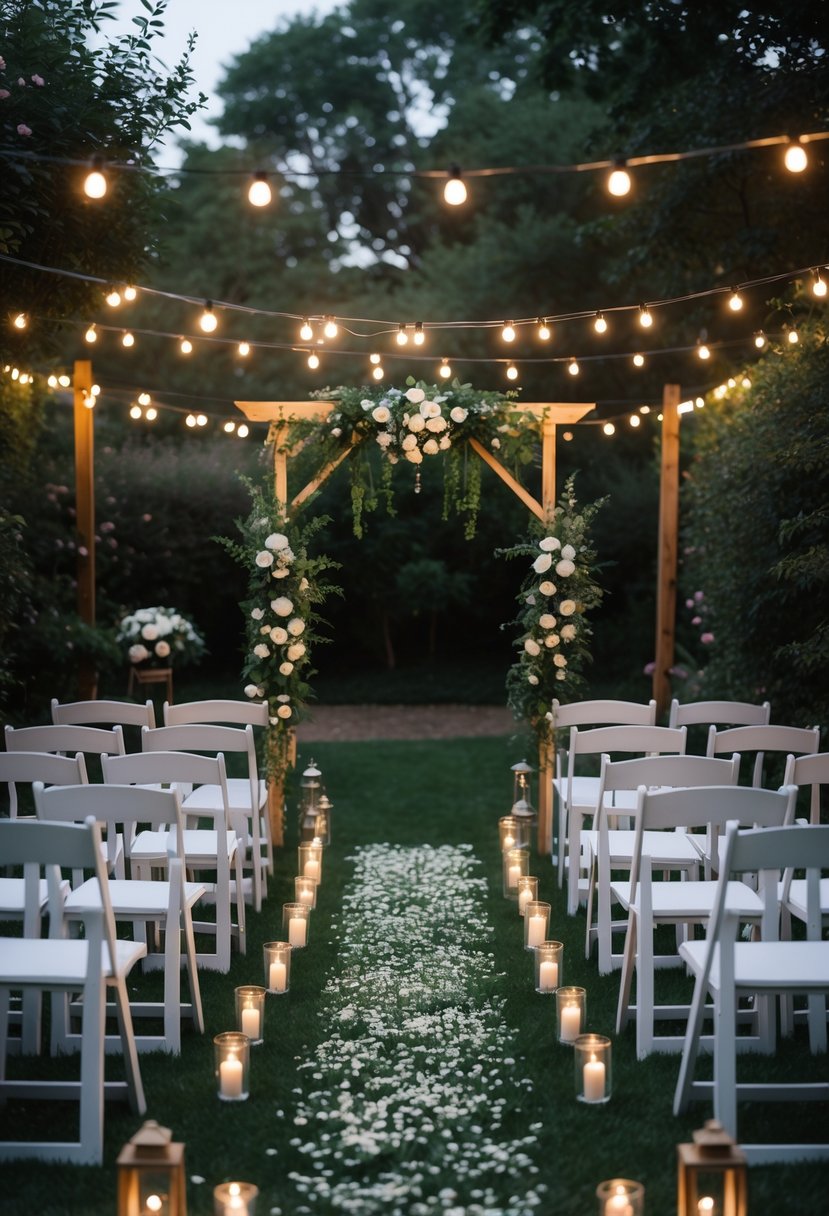An intimate garden wedding setup with rows of white chairs, a floral arch, and fairy lights hanging overhead in a lush green outdoor space.