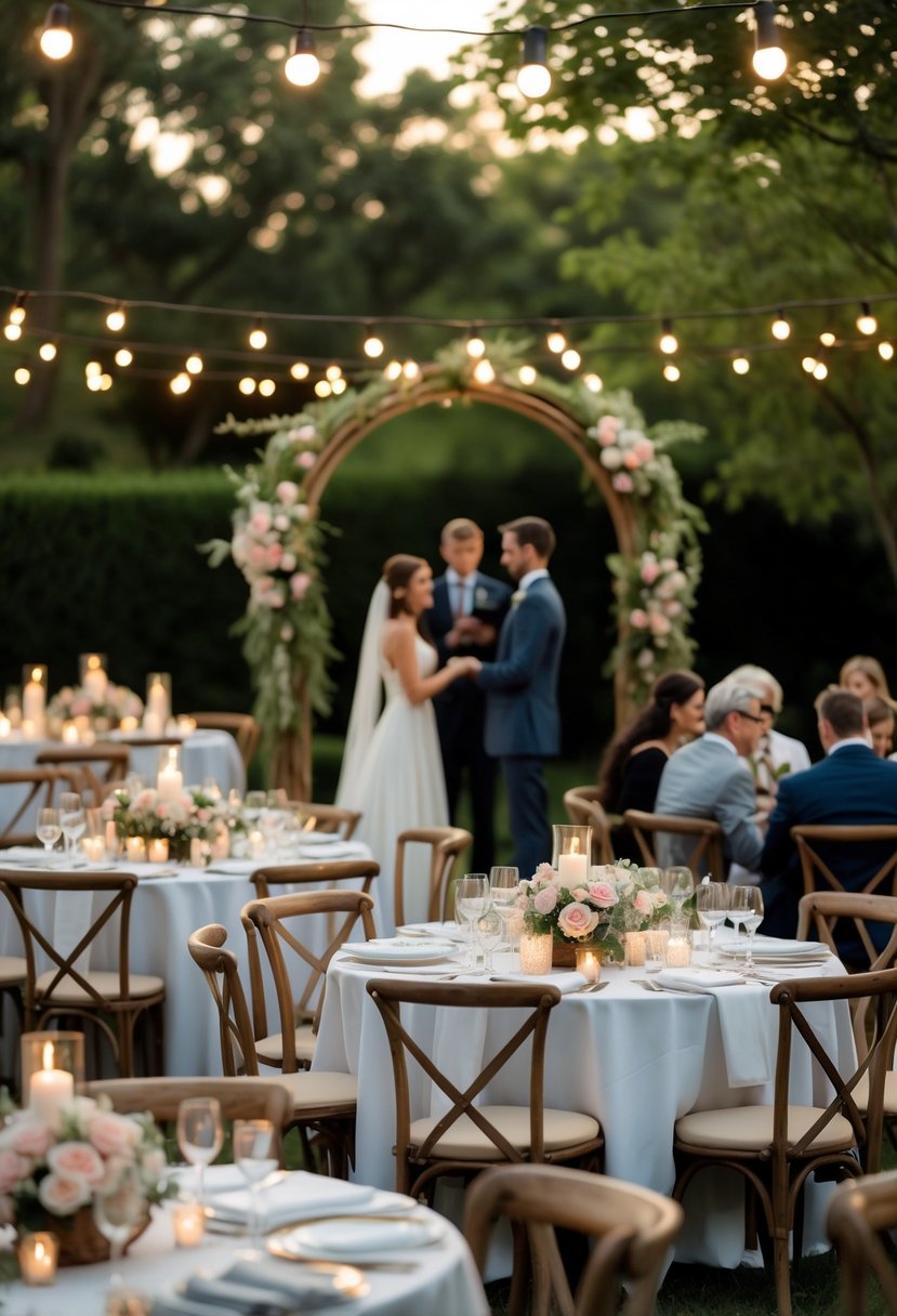 An outdoor small wedding reception with guests seated at decorated tables and a couple exchanging vows under a floral arch.
