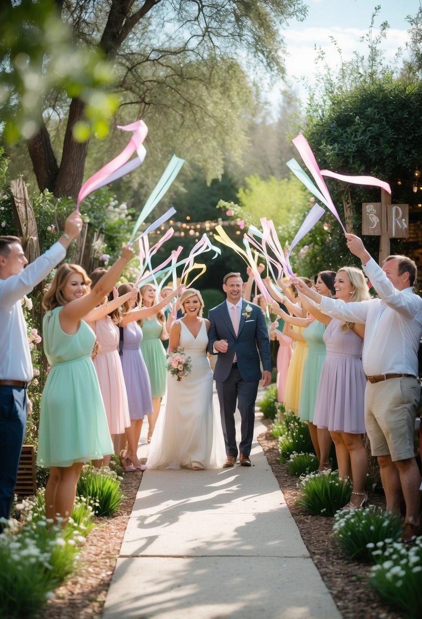 Guests waving colorful ribbon wands along a garden path during a small outdoor wedding celebration.