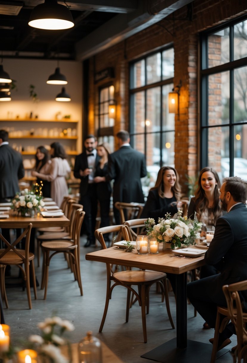 A small wedding reception in a cozy coffee shop with decorated tables and guests mingling.
