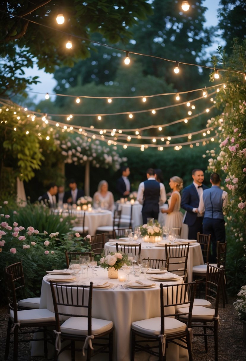 An intimate garden wedding reception with fairy lights, round tables set for guests, and people enjoying the outdoor setting.