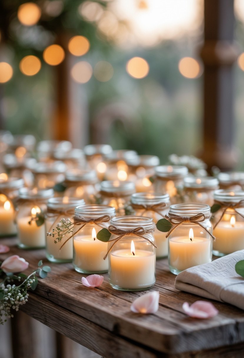 Mini jar candles arranged as wedding favors on a wooden table with floral decorations and warm lighting.