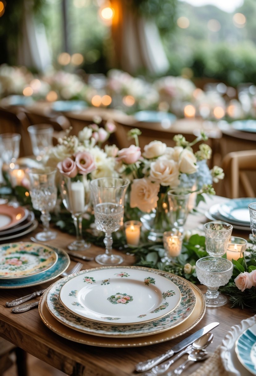 A dining table set with mismatched china plates and floral centerpieces for a small wedding celebration.