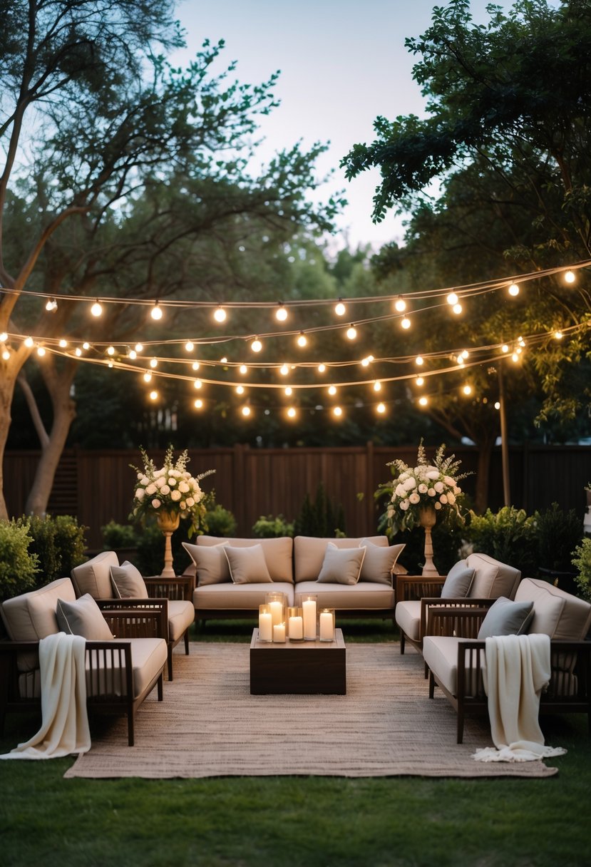 Cozy backyard wedding setup with lounge seating, blankets, string lights, and floral decorations in a green garden.