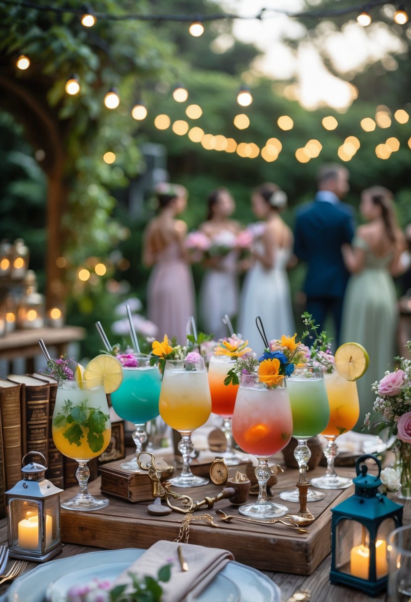 A small outdoor wedding reception setup with colorful cocktails on a wooden table surrounded by fairy lights, vintage books, and floral decorations, with guests mingling in the background.