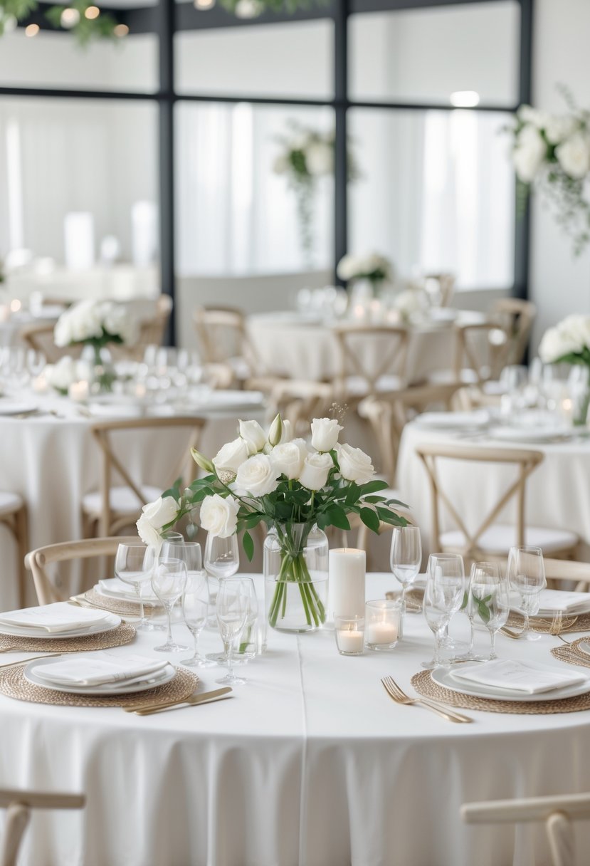 Wedding tables set for 50 guests with minimalist white flower centerpieces in glass vases.