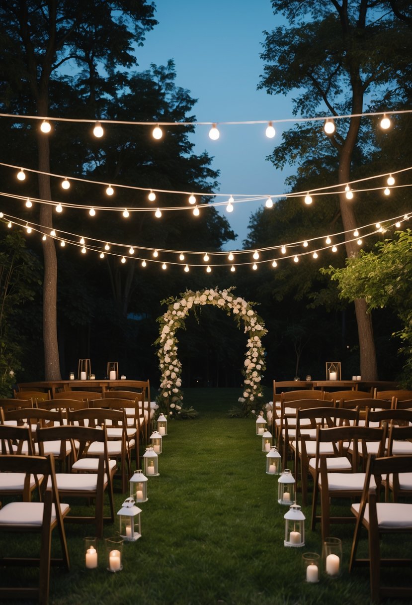 Outdoor backyard wedding setup with string lights overhead, rows of chairs, and a floral arch for a small gathering.