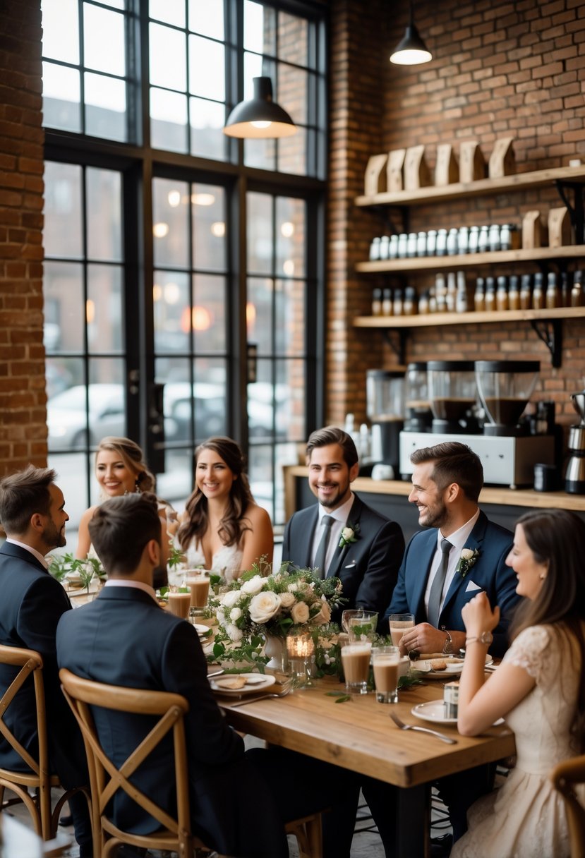 A small wedding reception with about 50 guests seated at wooden tables inside a cozy coffee shop, enjoying drinks and conversation.