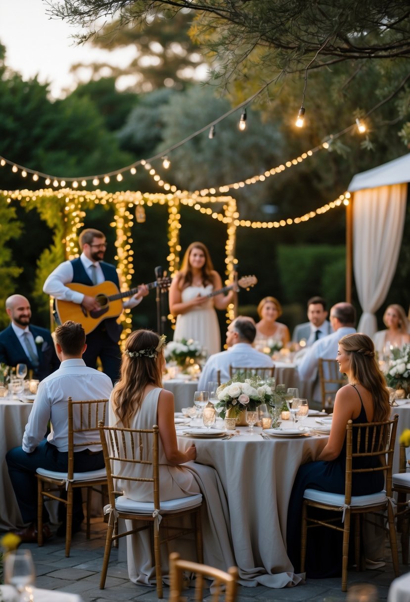 A small outdoor wedding with about 50 guests seated at decorated tables, a live acoustic band playing music, and guests enjoying a relaxed atmosphere.