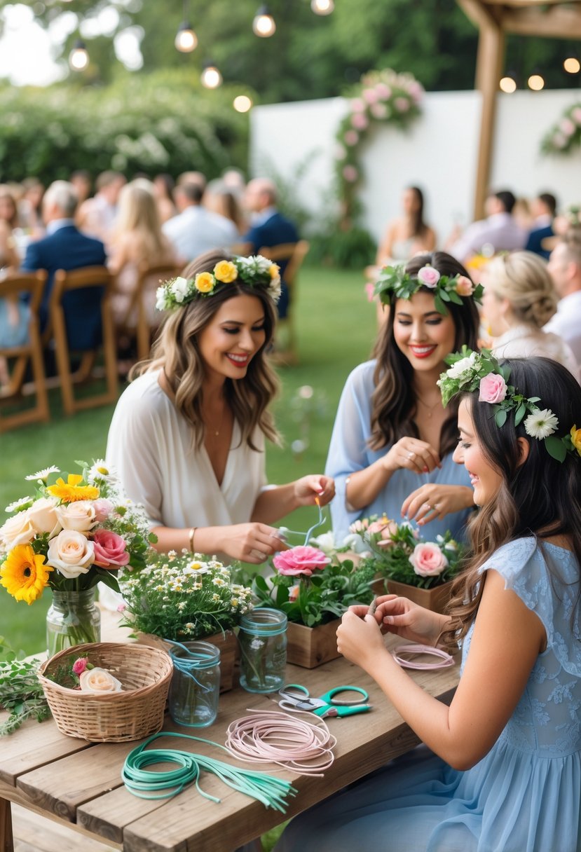Guests making flower crowns at a DIY station with fresh flowers and supplies during a small outdoor wedding.