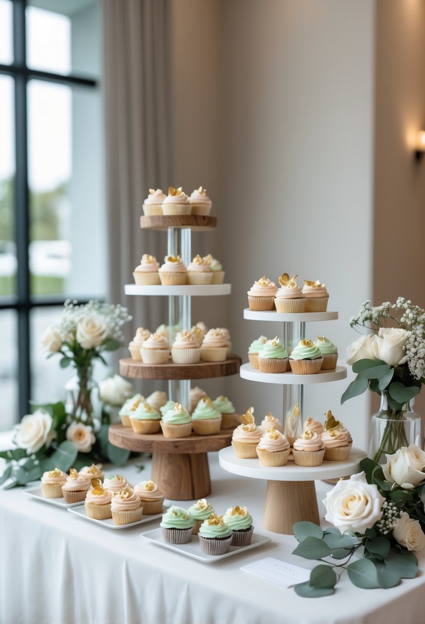A dessert bar with artisanal cupcakes arranged on stands, decorated with flowers, set up in a wedding venue.