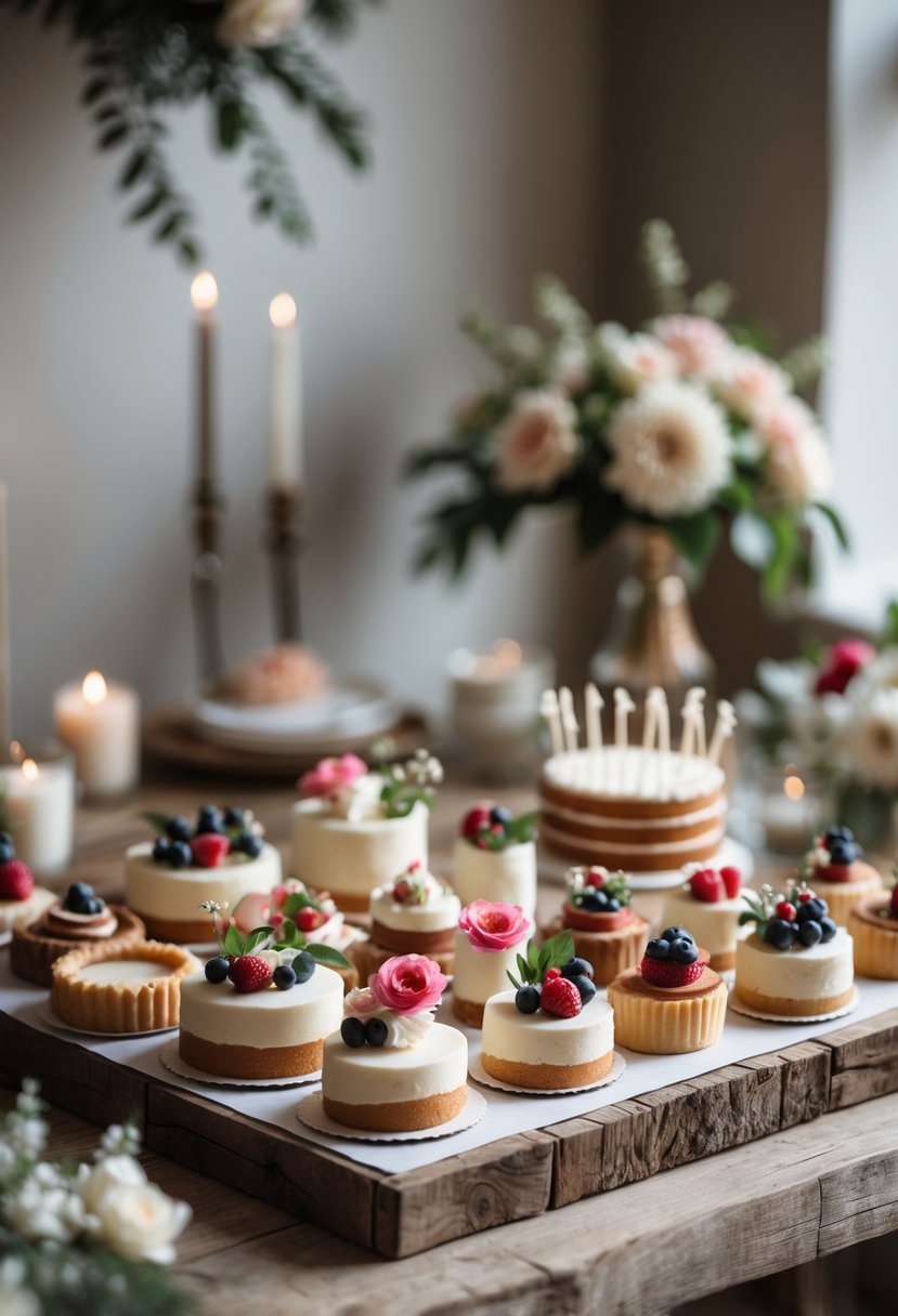 A table with an assortment of custom mini desserts arranged for a small wedding, featuring flowers and candles in the background.