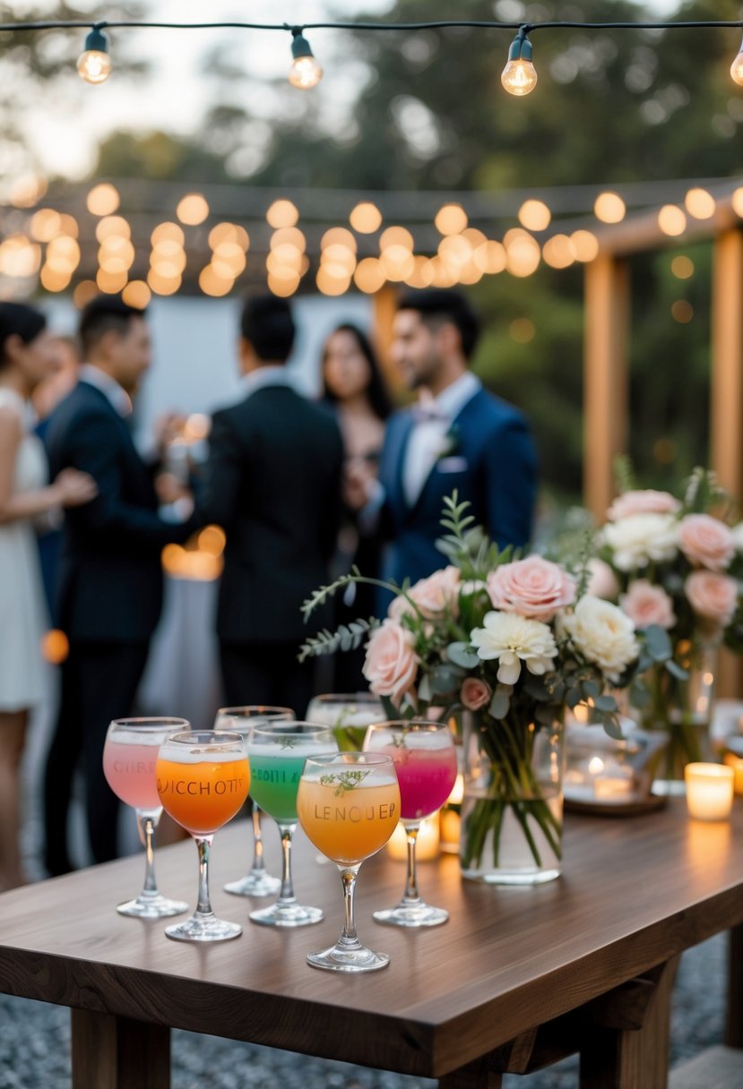 A small wedding reception setup with personalized cocktails on a decorated table, guests mingling nearby, and soft ambient lighting outdoors.