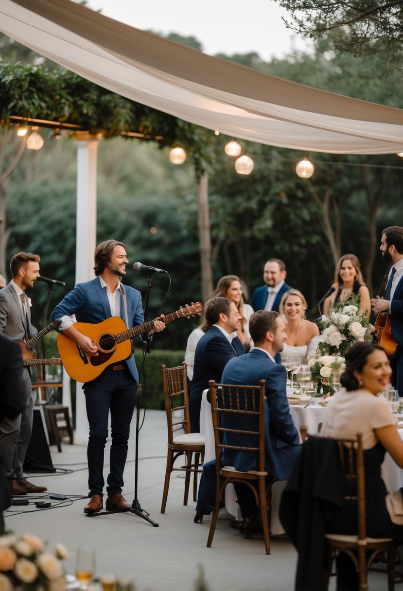 A small wedding reception with about 50 guests enjoying live acoustic music performed by a guitarist and vocalist.
