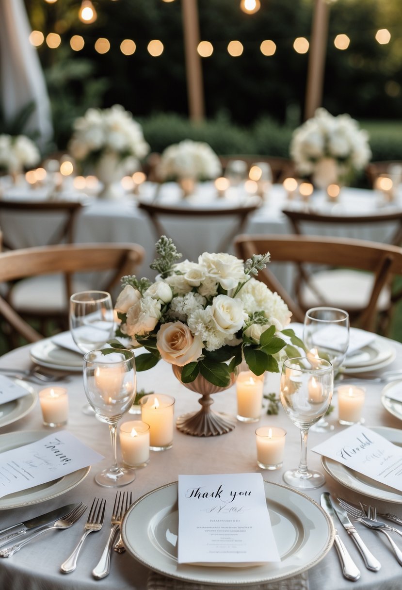 A wedding reception table set with place settings, each featuring a personalized thank-you note, surrounded by floral centerpieces and candles in an outdoor garden setting.