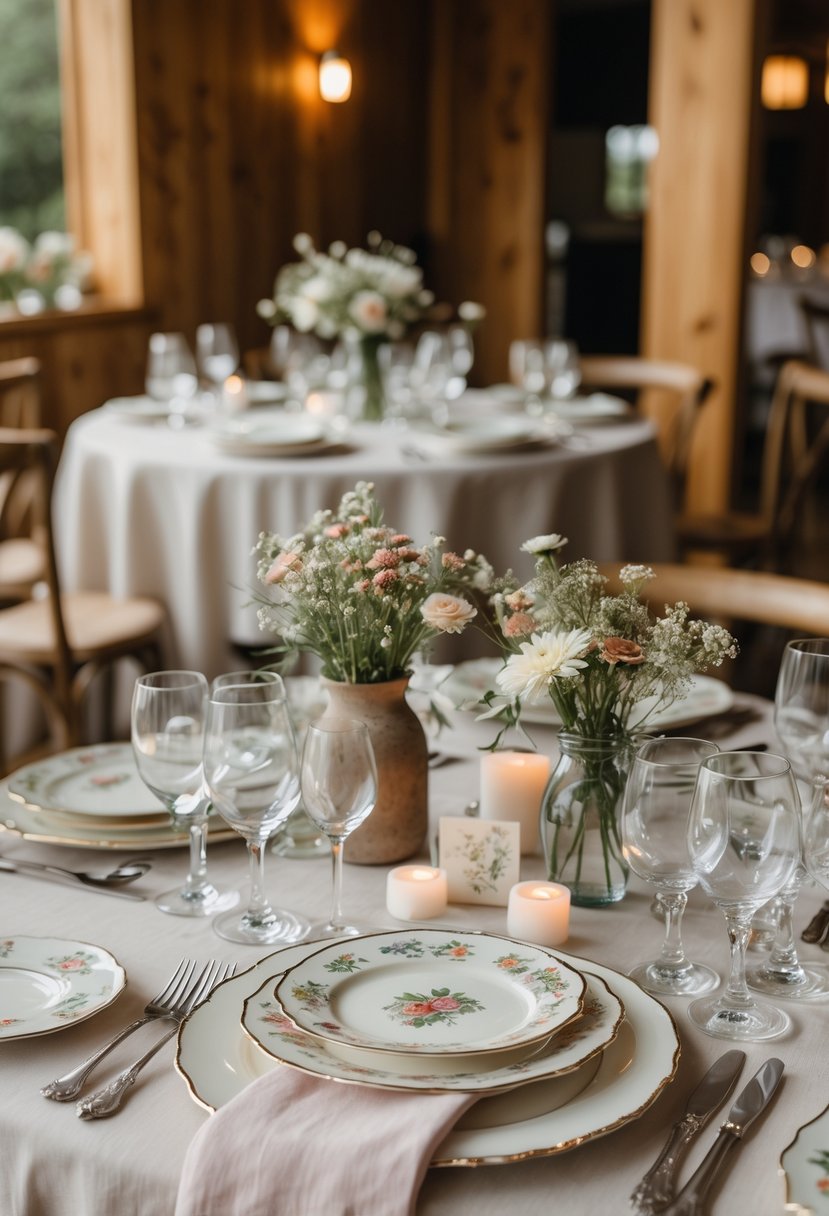A wedding reception table set with vintage china, floral centerpieces, and elegant tableware in a cozy indoor venue.