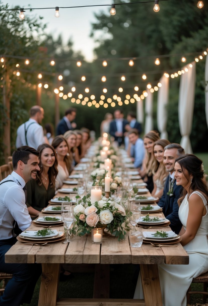 Guests mingling around long tables set for a wedding reception outdoors with floral centerpieces and candles.