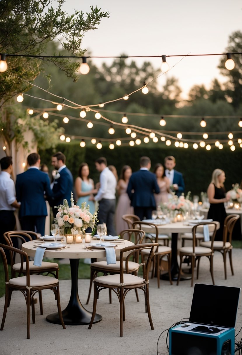An outdoor wedding reception with around 50 guests, featuring small round tables with floral centerpieces and string lights overhead, people mingling in semi-formal attire.