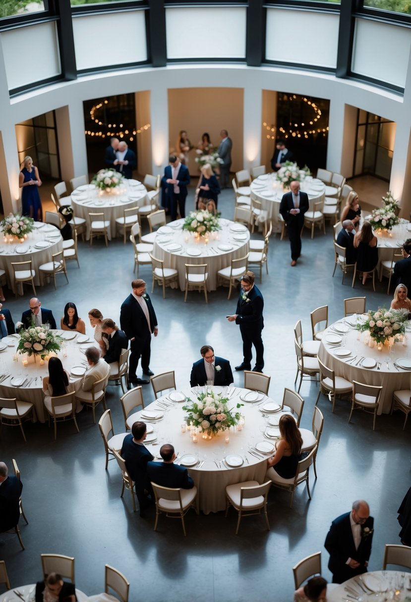 A wedding reception with guests seated in a circular arrangement, interacting and enjoying the event.