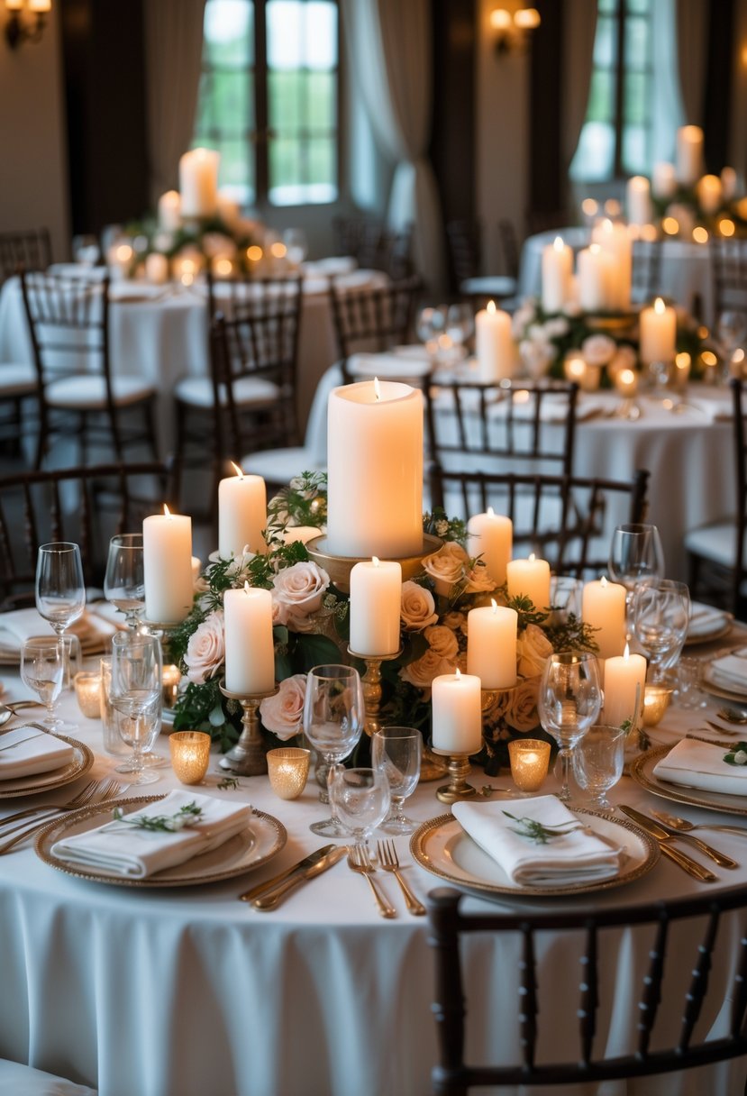 A small wedding reception setup with round tables decorated with floral arrangements and clusters of lit candles providing warm lighting.