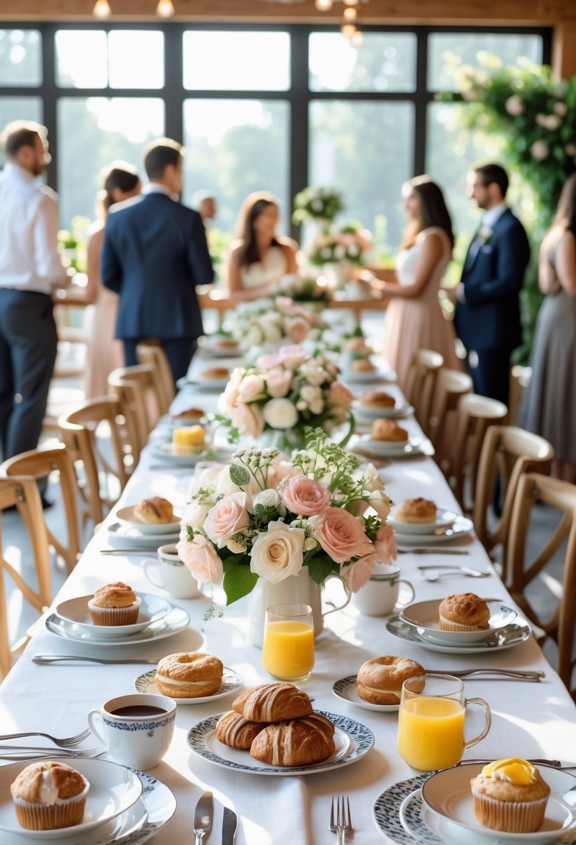 A brunch table set with coffee and pastries at a small wedding reception with guests mingling in the background.
