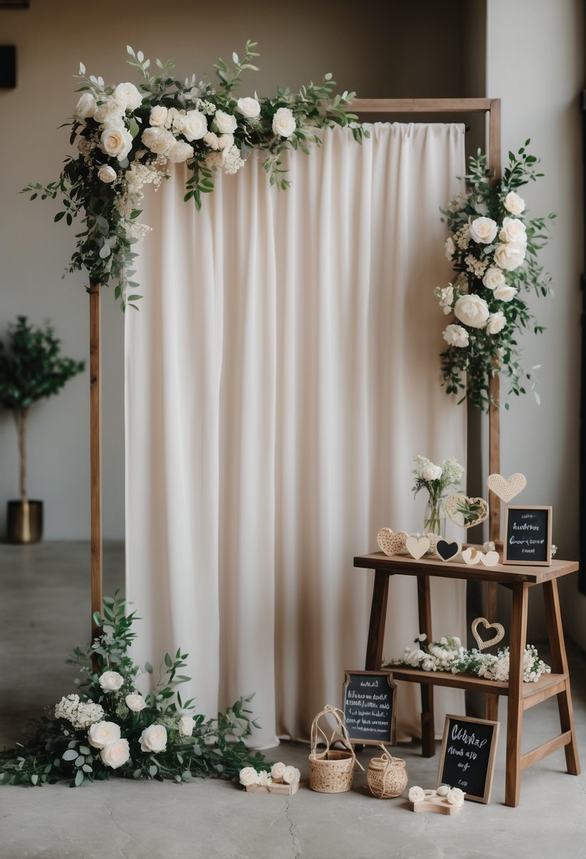 A photo booth setup with floral decorations and meaningful props arranged on a table for a small wedding celebration.