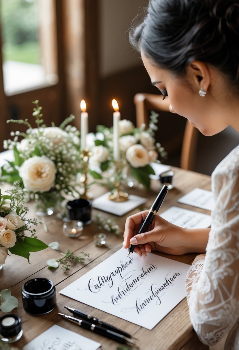 A calligrapher writing personalized name cards at a small wedding reception table decorated with flowers and candles.
