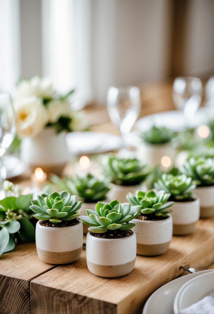 Small potted succulents arranged as wedding favors on a wooden table with a blurred wedding reception in the background.