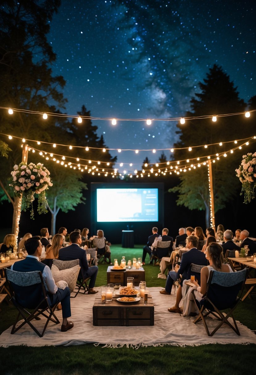 An outdoor movie night setup with about 50 guests sitting on blankets and chairs under string lights, watching a movie on a large screen at night.
