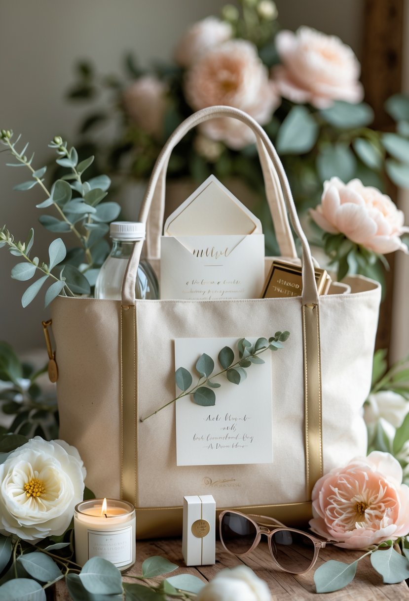 A wedding welcome bag filled with a water bottle, chocolates, a candle, sunglasses, and a handwritten note, surrounded by flowers on a wooden table.