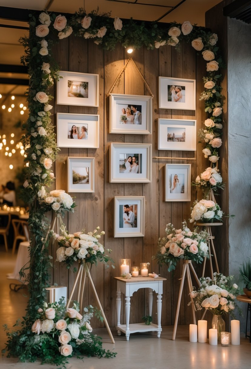 A gallery display of framed photos showing a couple's love story at a small wedding venue decorated with flowers and warm lighting.