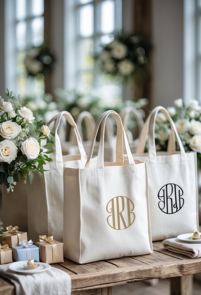 Custom monogrammed tote bags displayed on a wooden table with flowers and wedding welcome items.