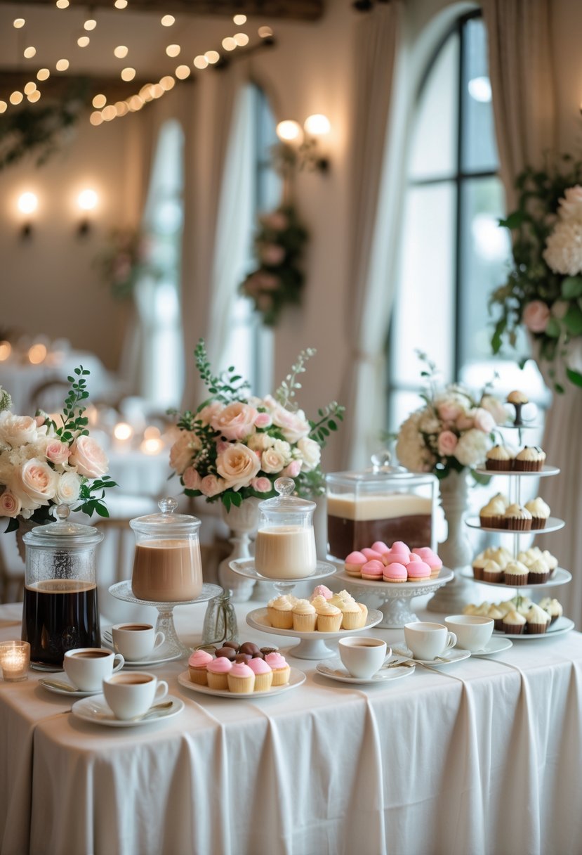 A coffee and dessert bar with assorted sweets and coffee drinks set up on a decorated table at a small wedding venue.