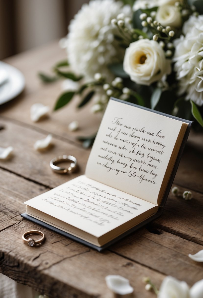Close-up of an open handwritten vow book on a wooden table with flower petals and a wedding ring nearby.